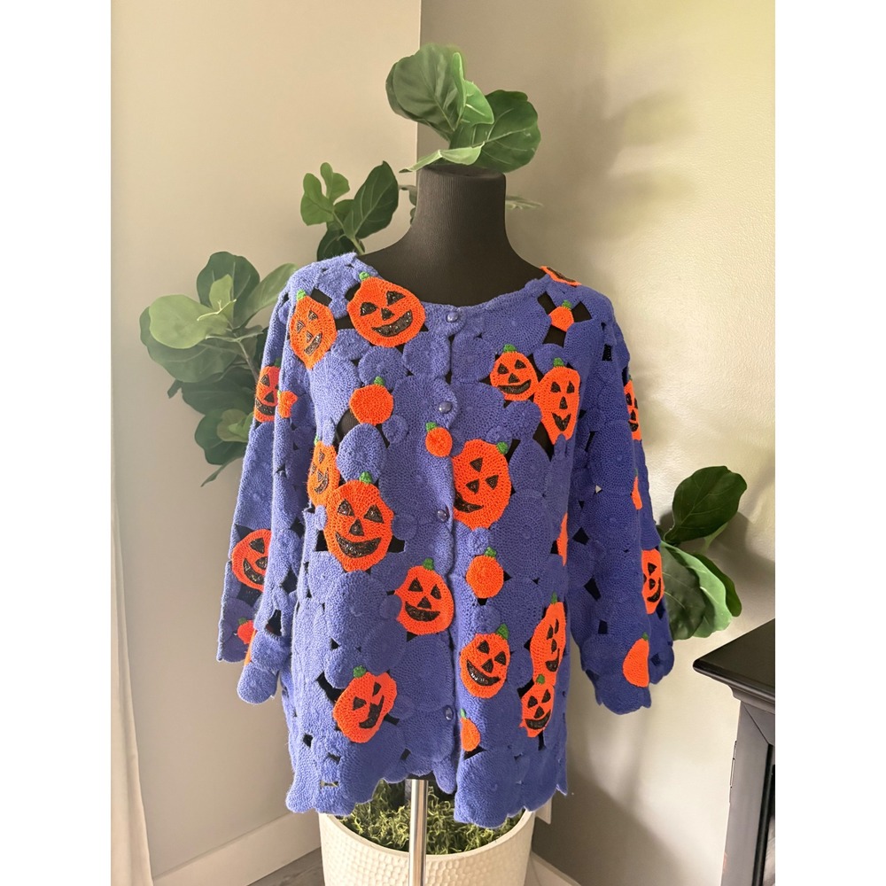 Michael Simon Halloween Pumpkin Crochet Cardigan Blue Beaded XL Vintage 2003